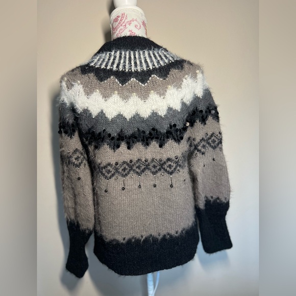 Anthropologie Sleeping On Snow Embellished Fair Isle Black Grey Fuzzy Sweater S - Picture 4 of 12